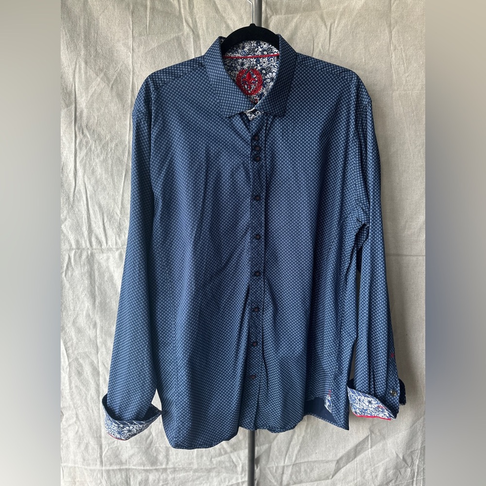 Au Noir Navy and White Microdot Shirt with Floral Trim